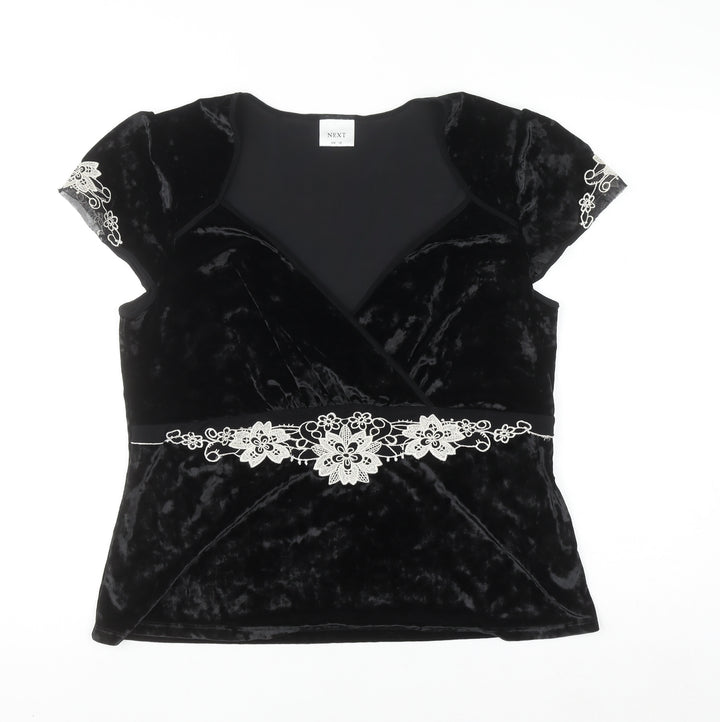 Next Women's Black Velvet Wrap Blouse UK 18 Embroidered Party Top