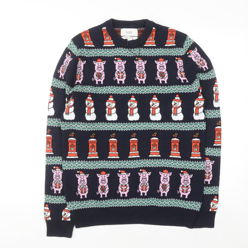 Marks and Spencer Men's Blue Christmas Cotton Jumper Size S
