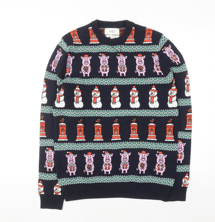 Marks and Spencer Men's Blue Christmas Cotton Jumper Size S