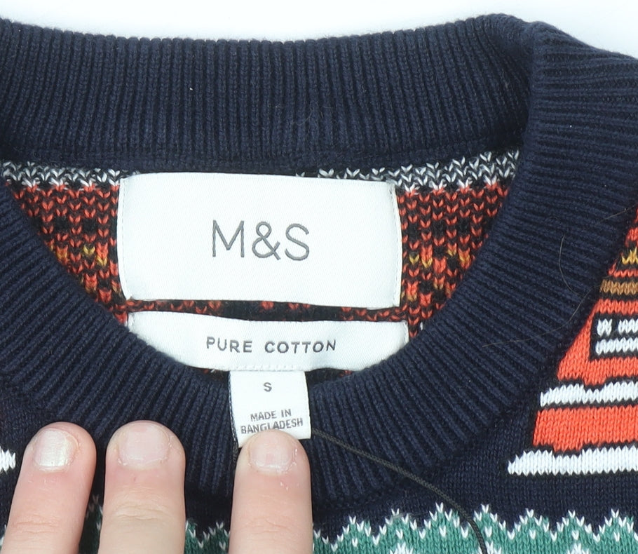 Marks and Spencer Men's Blue Christmas Cotton Jumper Size S
