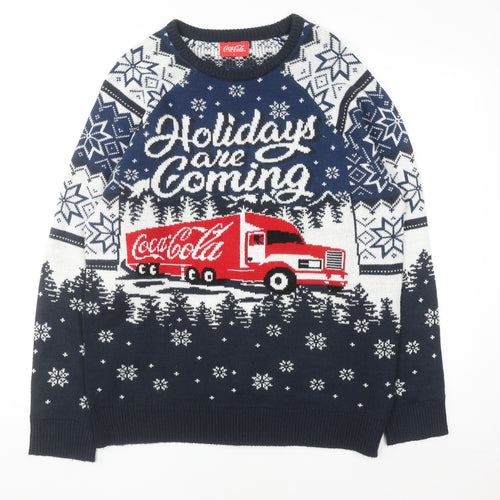 Coca-Cola Men's Blue Christmas Pullover Jumper L Holiday Sweater