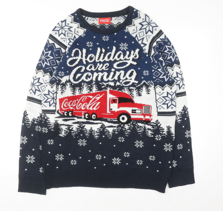 Coca-Cola Men's Blue Christmas Pullover Jumper L Holiday Sweater