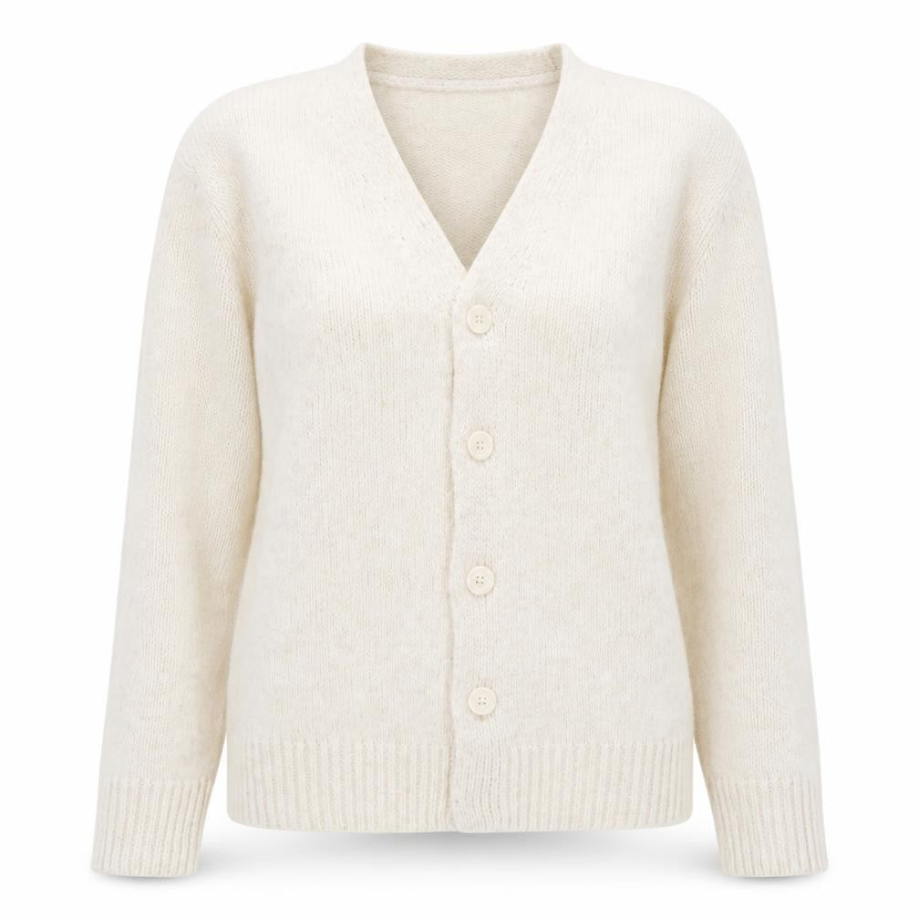 Front view of Kronstadt Women Ivory Wool Blend V-Neck Button Cardigan S