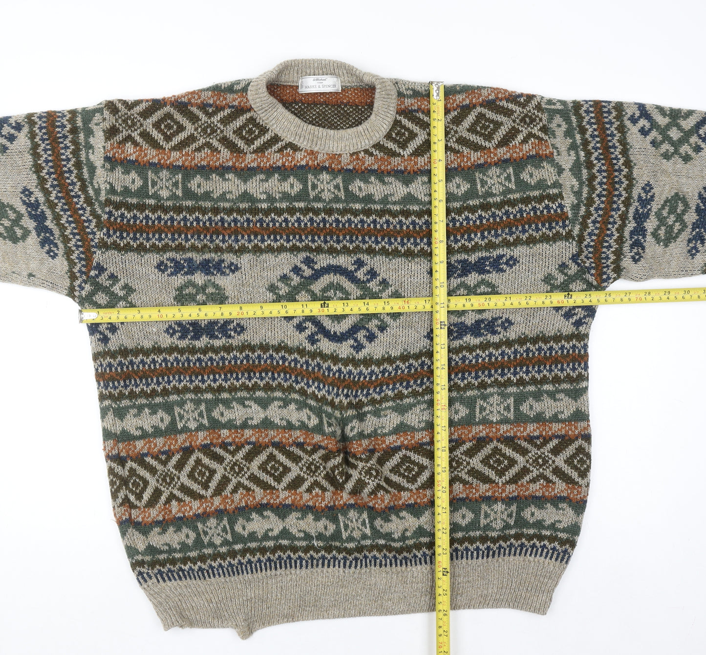 Marks and Spencer St Michael Men's Beige XL Fair Isle Wool Knit Jumper
