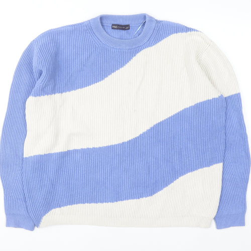 Marks and Spencer Women Blue Cream Striped Chunky Knit Jumper L