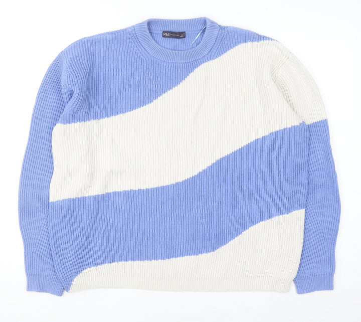 Marks and Spencer Women Blue Cream Striped Chunky Knit Jumper L