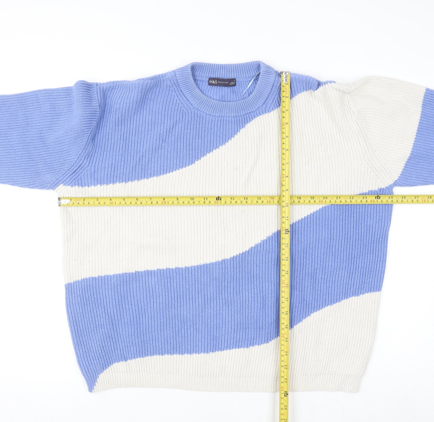 Marks and Spencer Women Blue Cream Striped Chunky Knit Jumper L