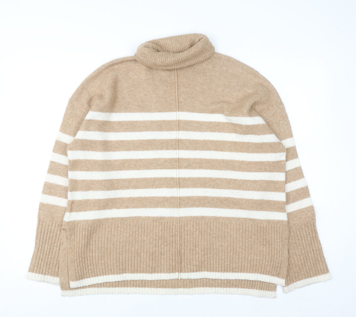 F&F Women’s Beige Striped Roll Neck Wool Blend Jumper Size S