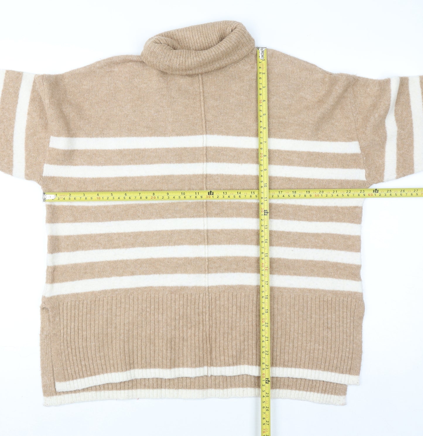 F&F Women’s Beige Striped Roll Neck Wool Blend Jumper Size S