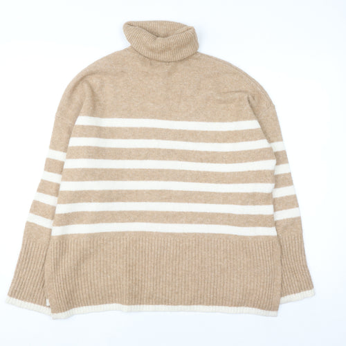 F&F Women’s Beige Striped Roll Neck Wool Blend Jumper Size S