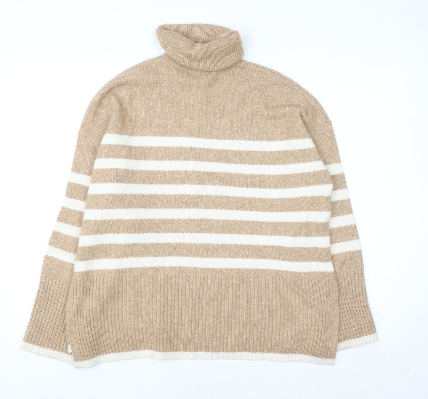 F&F Women’s Beige Striped Roll Neck Wool Blend Jumper Size S