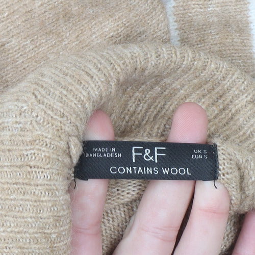 F&F Women’s Beige Striped Roll Neck Wool Blend Jumper Size S