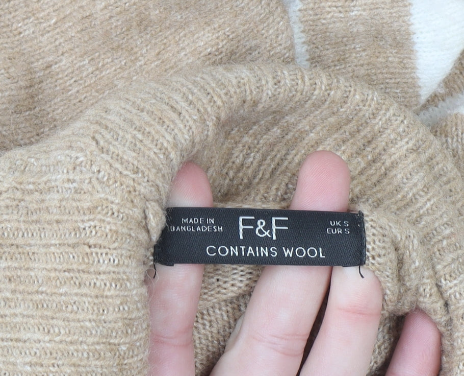F&F Women’s Beige Striped Roll Neck Wool Blend Jumper Size S
