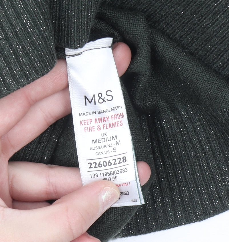 Marks and Spencer Women's Green Glitter Crew Neck Knit Jumper M