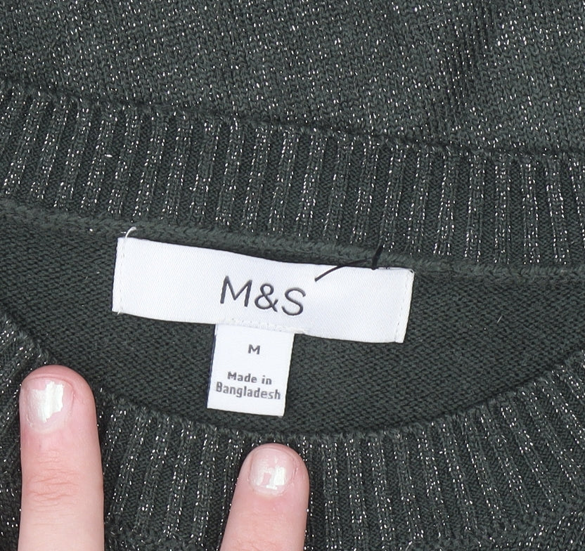 Marks and Spencer Women's Green Glitter Crew Neck Knit Jumper M