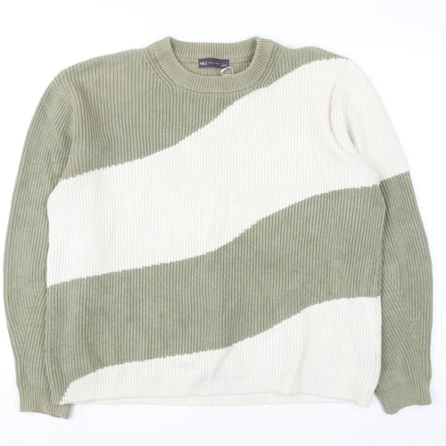 Marks and Spencer Men's Green & Cream Stripe Knit Jumper L
