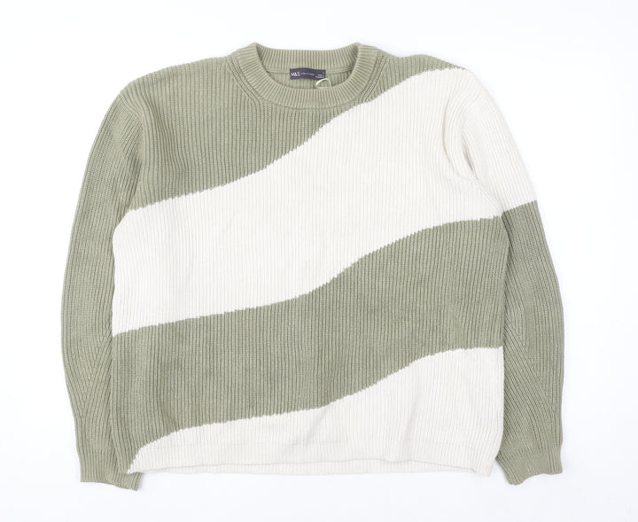 Marks and Spencer Men's Green & Cream Stripe Knit Jumper L