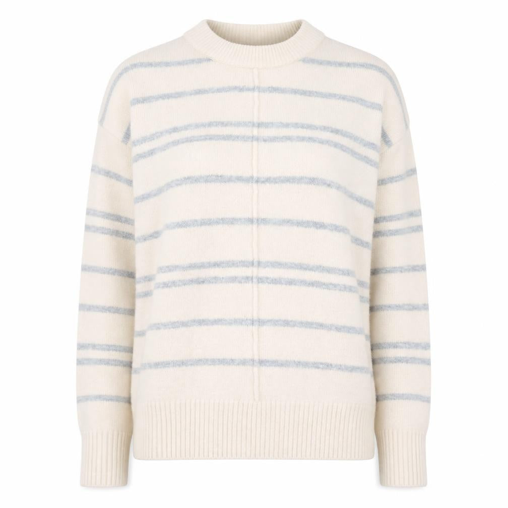 Front view of Warehouse Women’s Beige Striped Knit Jumper, size UK 6, Crew Neck Pullover
