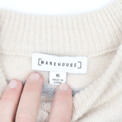 Warehouse Women’s Beige Striped Knit Jumper Size 6 Crew Neck Pullover