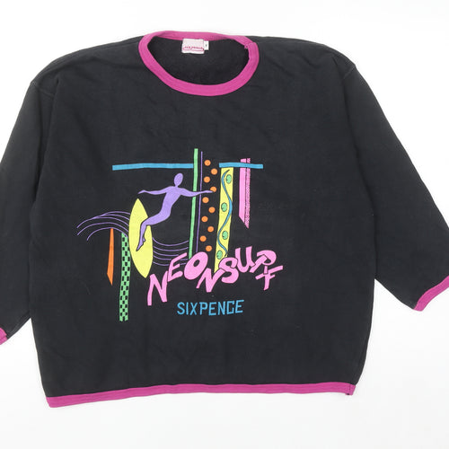 Sixpence Women's Black Neon Surf 80s Graphic Cotton 3/4 Sleeve T-Shirt M