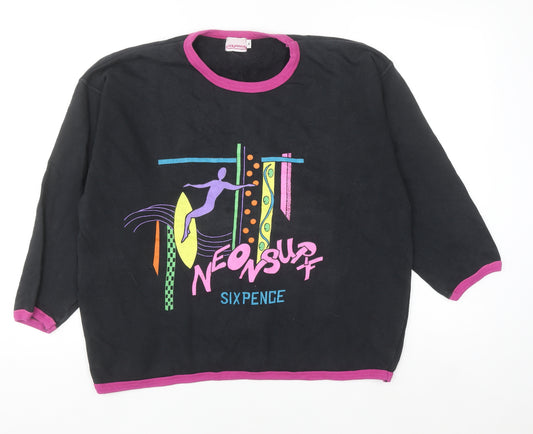 Sixpence Women's Black Neon Surf 80s Graphic Cotton 3/4 Sleeve T-Shirt M