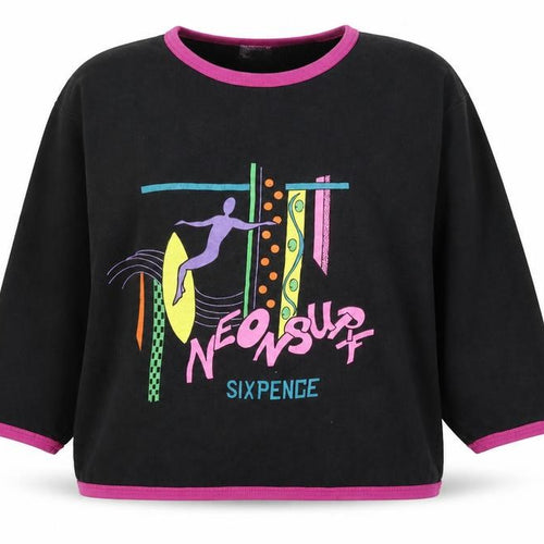 Sixpence Women's Black Neon Surf 80s Graphic Cotton 3/4 Sleeve T-Shirt M