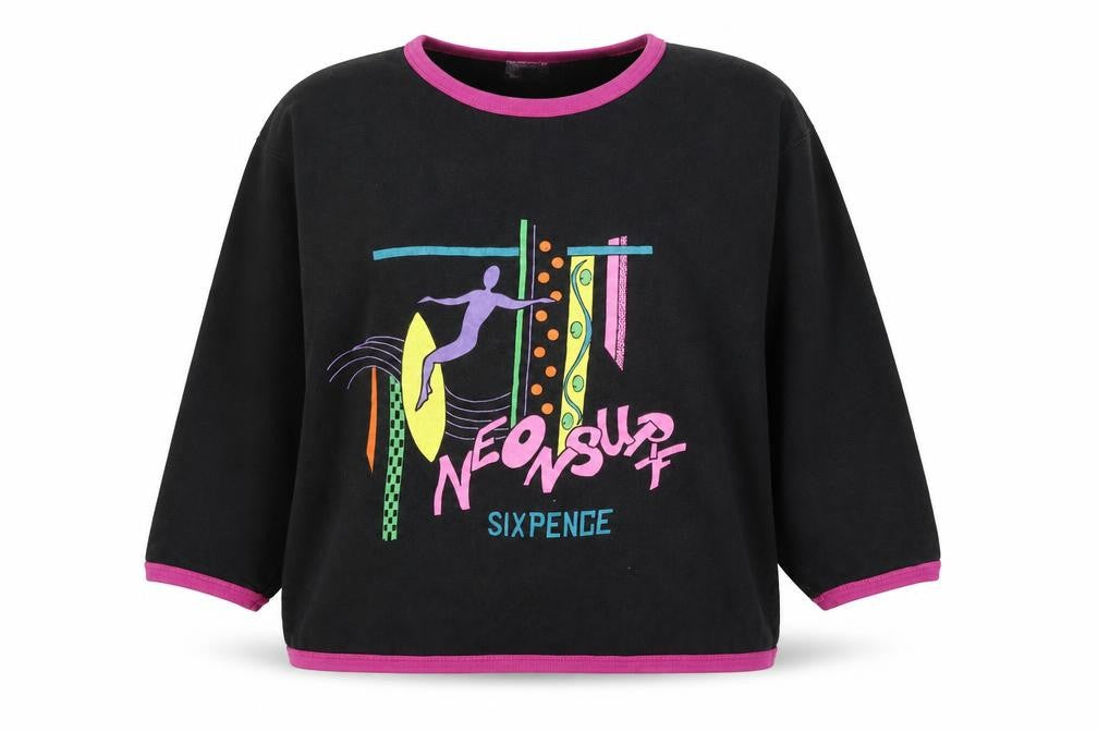 Sixpence Women's Black Neon Surf 80s Graphic Cotton 3/4 Sleeve T-Shirt M