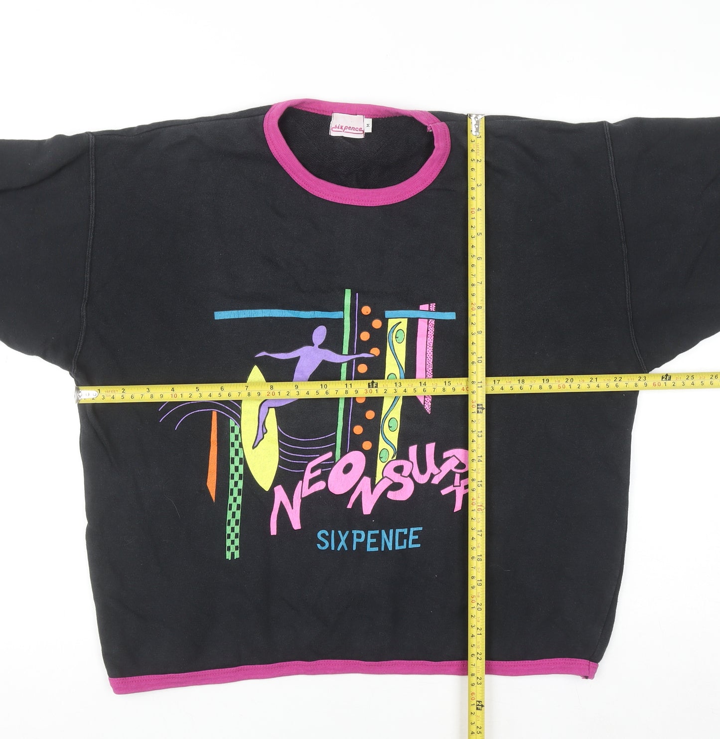 Sixpence Women's Black Neon Surf 80s Graphic Cotton 3/4 Sleeve T-Shirt M