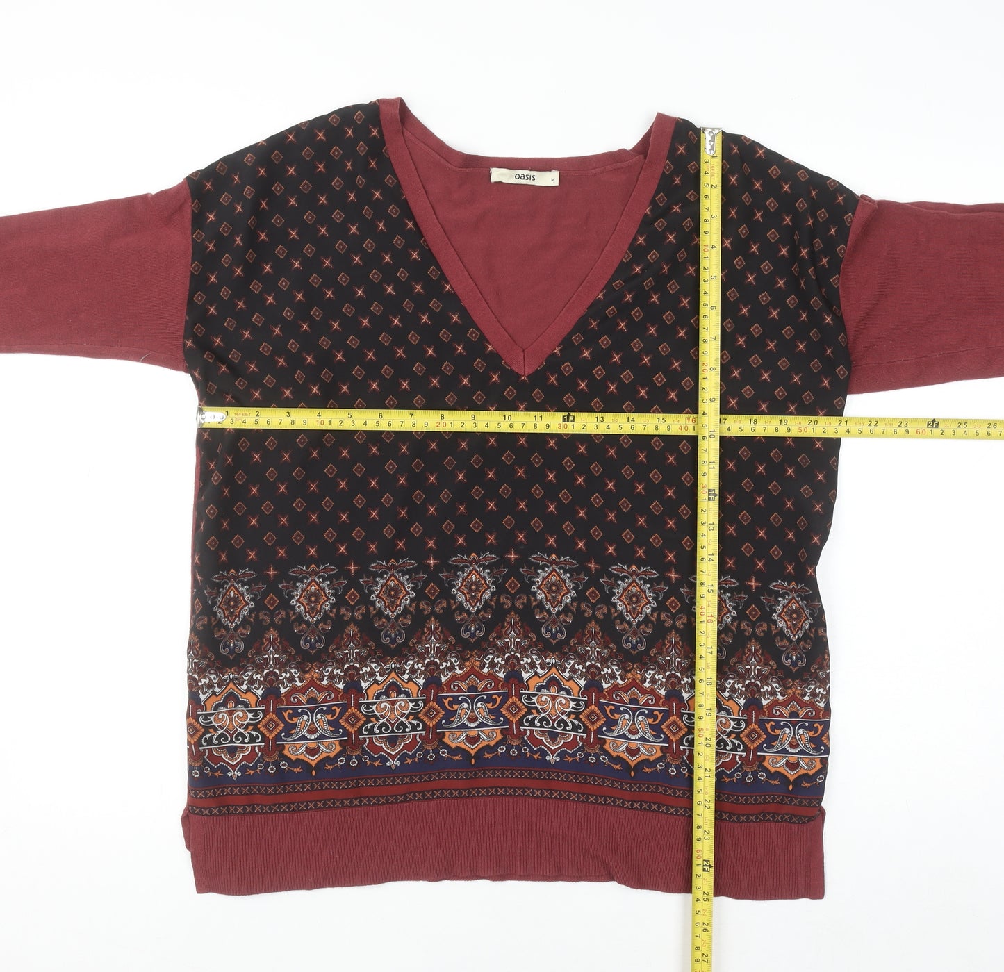 Oasis Womens Red Geometric Tunic Blouse M Viscose 3/4 Sleeve