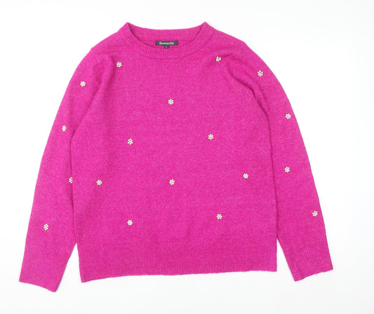 Bonmarché Women Pink Beaded Crew Neck Long Sleeve Jumper Size 14