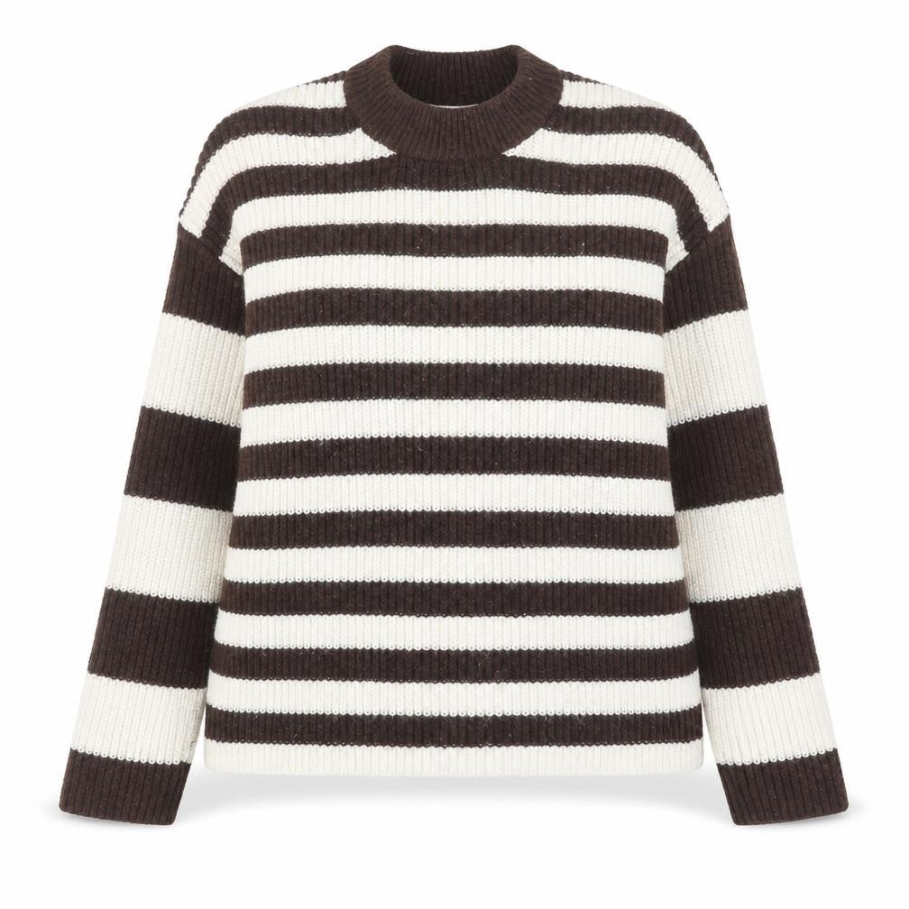 Front view of Monki women’s brown striped crew neck knit jumper xs