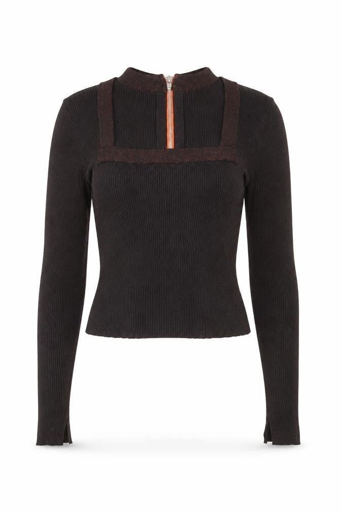Front view of AllSaints Women's Brown Slim Fit Cropped Knit Top, size S