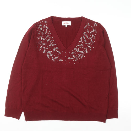 Afibel Women Red Rhinestone V-Neck Pullover Jumper Size 16/18