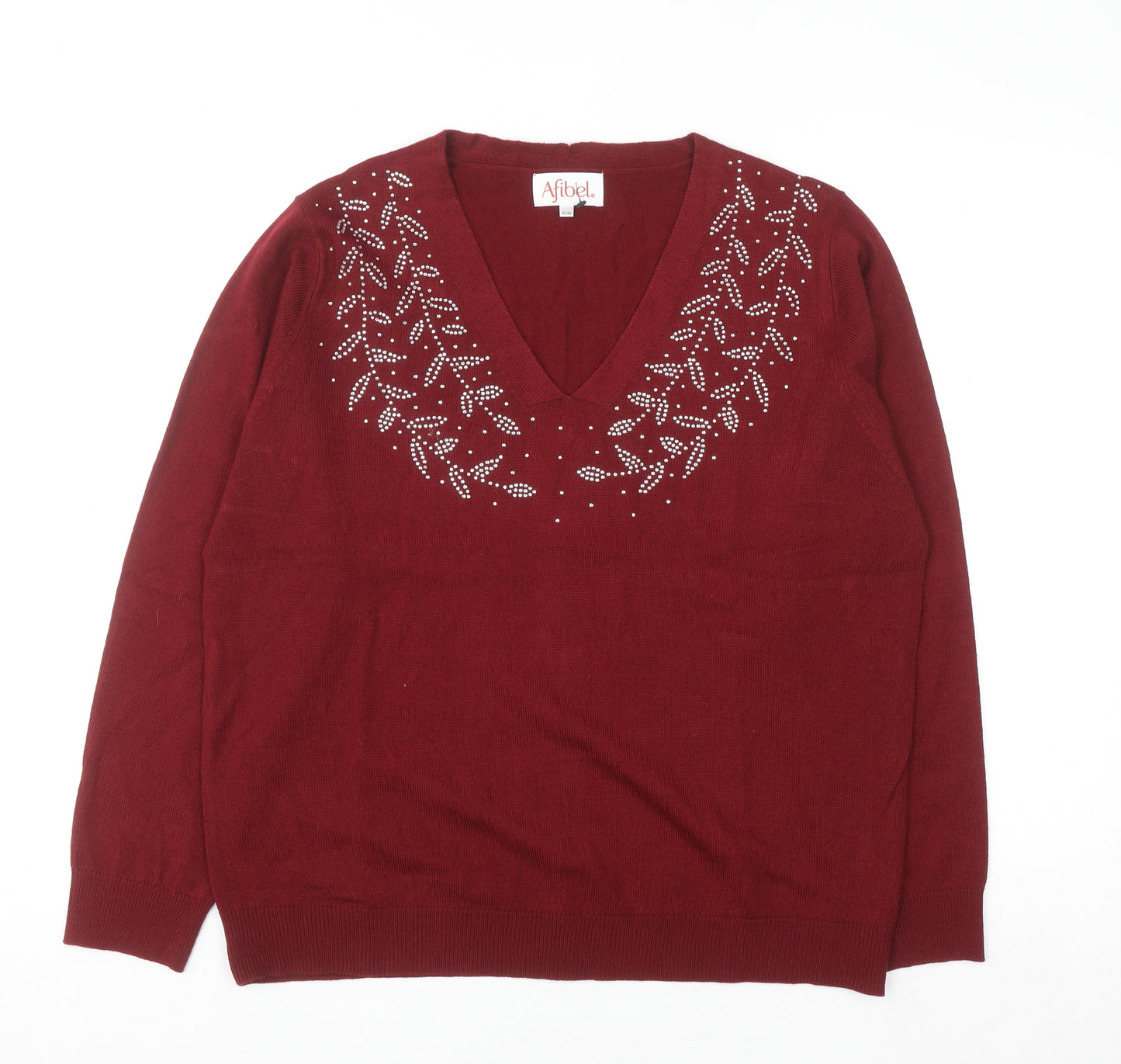 Afibel Women Red Rhinestone V-Neck Pullover Jumper Size 16/18