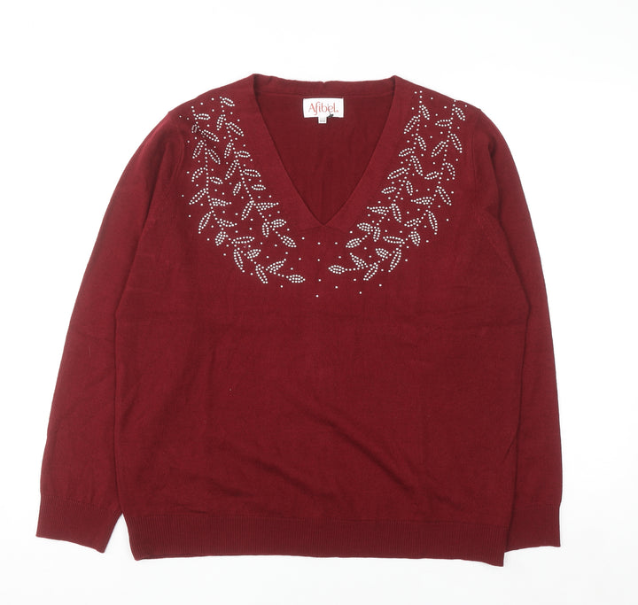 Afibel Women Red Rhinestone V-Neck Pullover Jumper Size 16/18