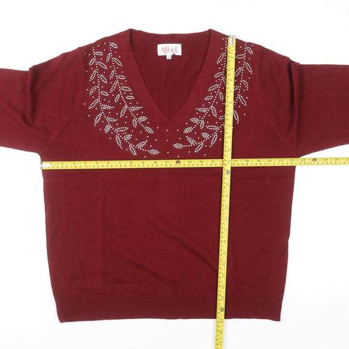 Afibel Women Red Rhinestone V-Neck Pullover Jumper Size 16/18