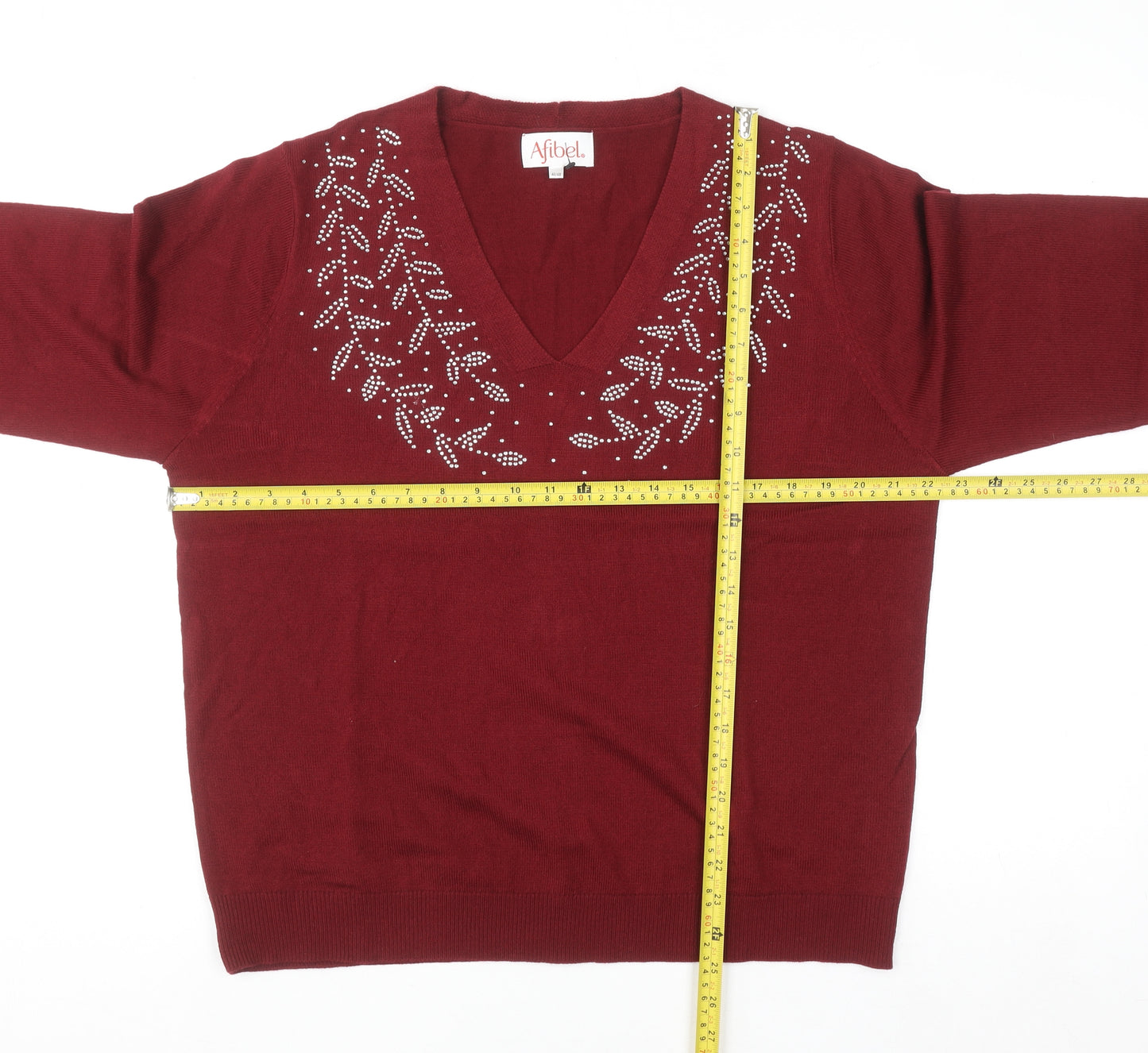 Afibel Women Red Rhinestone V-Neck Pullover Jumper Size 16/18