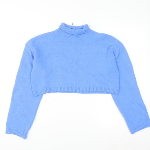 Zara Women's Blue Mock Neck Cropped Jumper Size S Viscose Blend