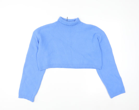 Zara Women's Blue Mock Neck Cropped Jumper Size S Viscose Blend