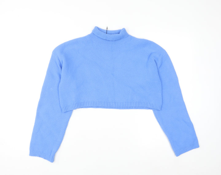 Zara Women's Blue Mock Neck Cropped Jumper Size S Viscose Blend