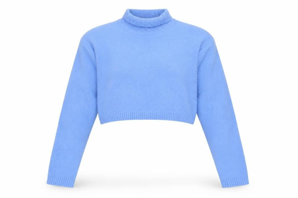 Front view of Zara Women's Blue Mock Neck Cropped Jumper, size S, Viscose Blend