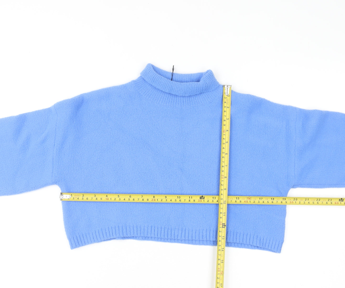 Zara Women's Blue Mock Neck Cropped Jumper Size S Viscose Blend