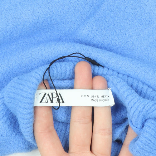 Zara Women's Blue Mock Neck Cropped Jumper Size S Viscose Blend