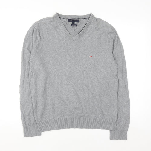 Tommy Hilfiger Men's Grey Cotton Cashmere V-Neck Jumper Size L