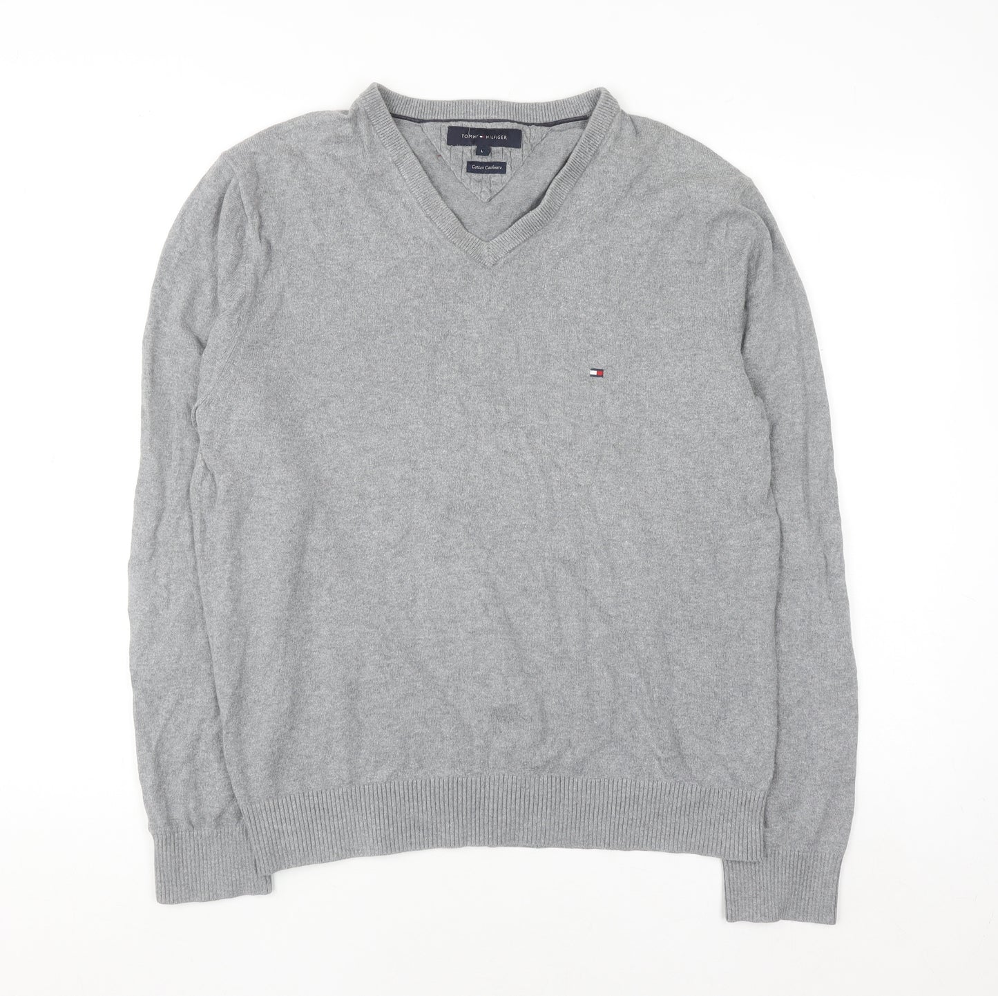 Tommy Hilfiger Men's Grey Cotton Cashmere V-Neck Jumper Size L