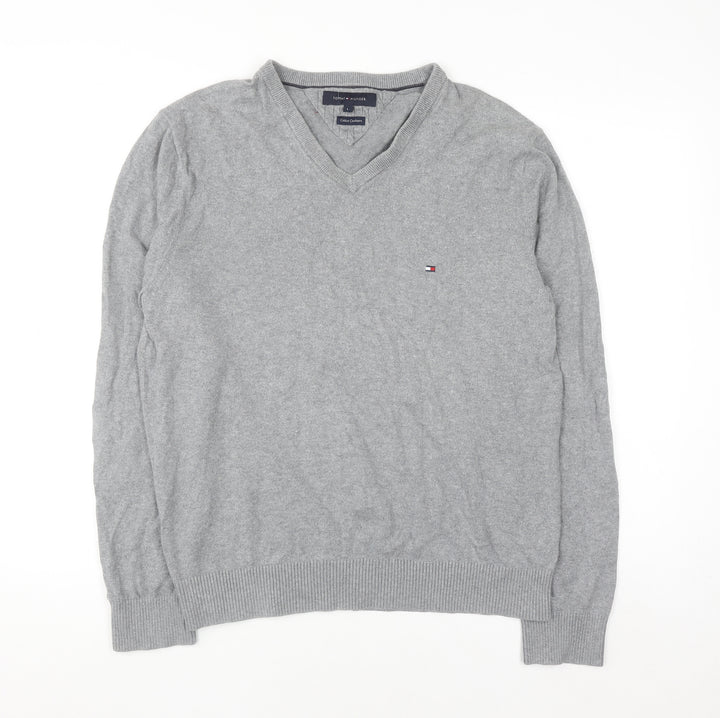 Tommy Hilfiger Men's Grey Cotton Cashmere V-Neck Jumper Size L