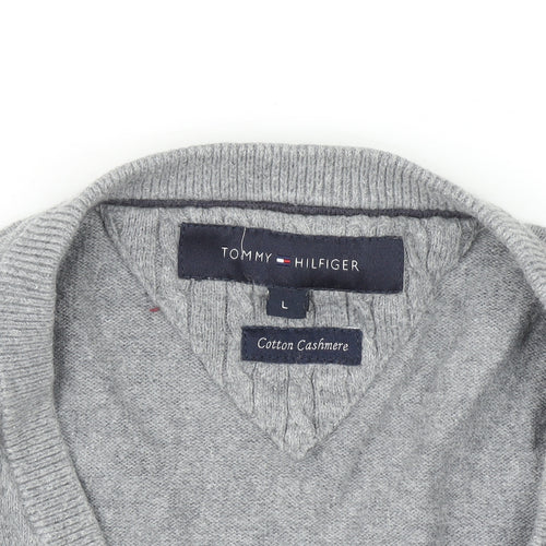 Tommy Hilfiger Men's Grey Cotton Cashmere V-Neck Jumper Size L