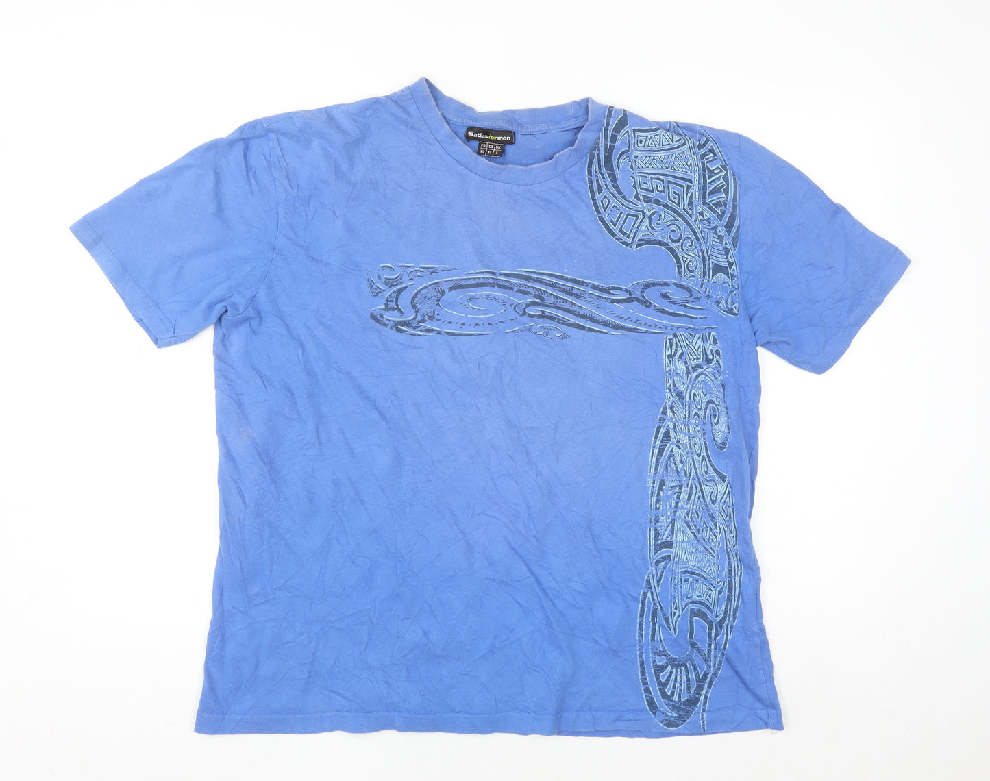 Atlas For Men Blue Tribal Print Cotton Short Sleeve Crew Neck T-Shirt L
