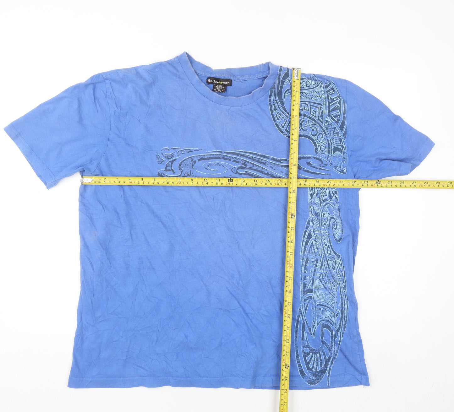 Atlas For Men Blue Tribal Print Cotton Short Sleeve Crew Neck T-Shirt L