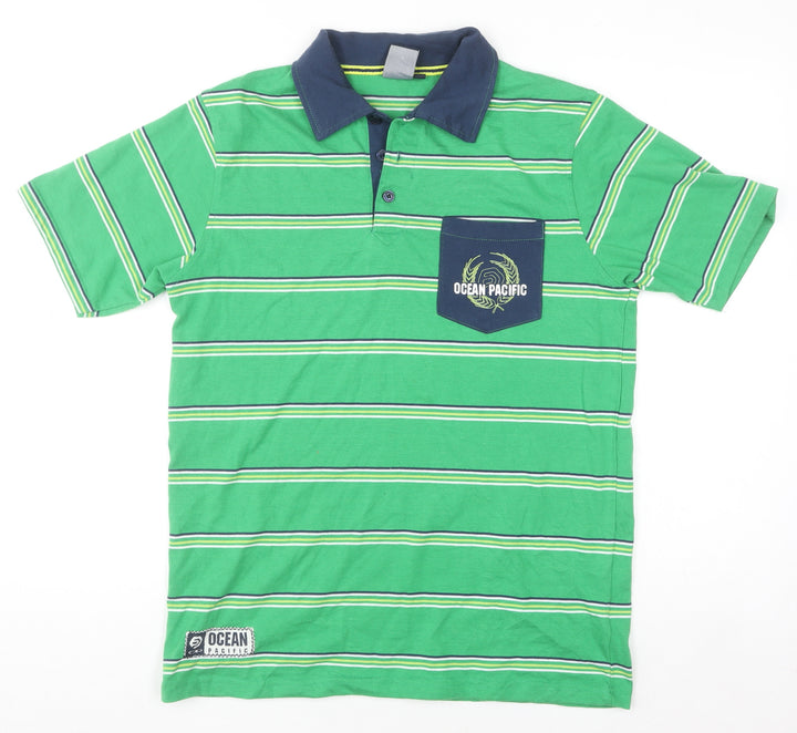 Ocean Pacific Men's Green Striped Polo Shirt M Regular Fit